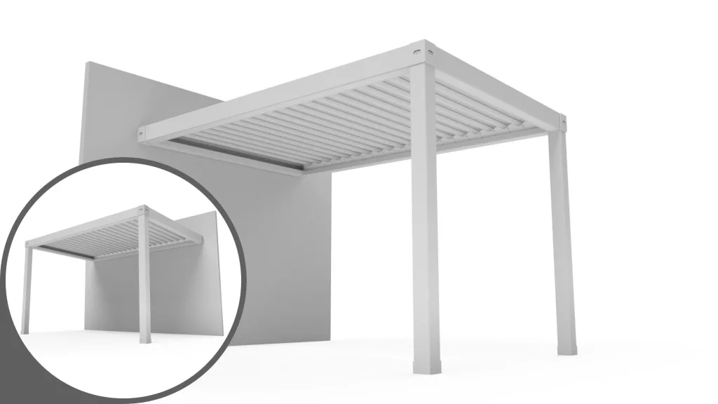 Model 3D al unei pergole montate pe perete, cu 2 picioare, rame de 160mm și lamele Wave.
