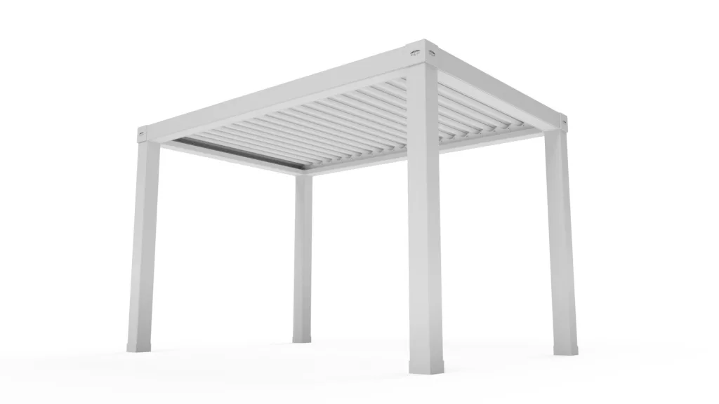 O imagine 3D a unui design de pergolă montată pe perete, susținută de două picioare, cu rame de 200mm și lamele Wave. Această pergolă modernă combină stabilitatea picioarelor cu eleganța lamelelor Wave, oferind atât un aspect fluid, cât și o protecție eficientă împotriva soarelui. Ideală pentru terase sau grădini, aceasta creează un spațiu confortabil și estetic.