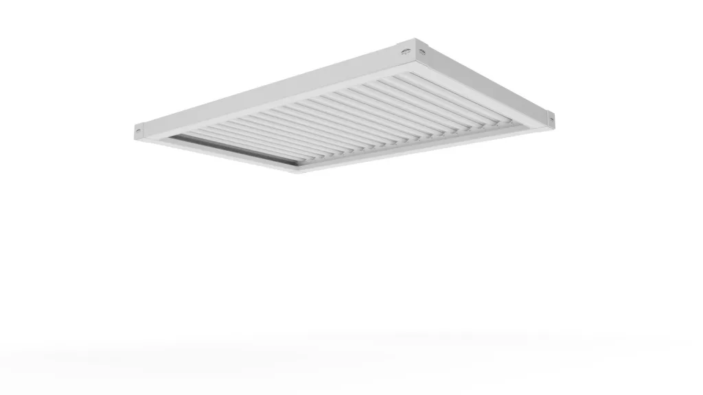 Model 3D al unei pergole montate pe perete, fără picioare, cu rame de 200mm și lamele wave.